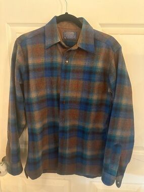 Pendleton Blue and Brown Plaid Button-Down Wool Shirt